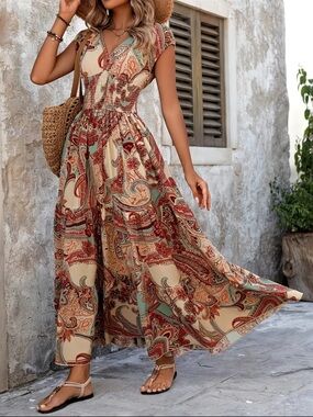 Boho Paisley Maxi Dress in Beige and Rust
